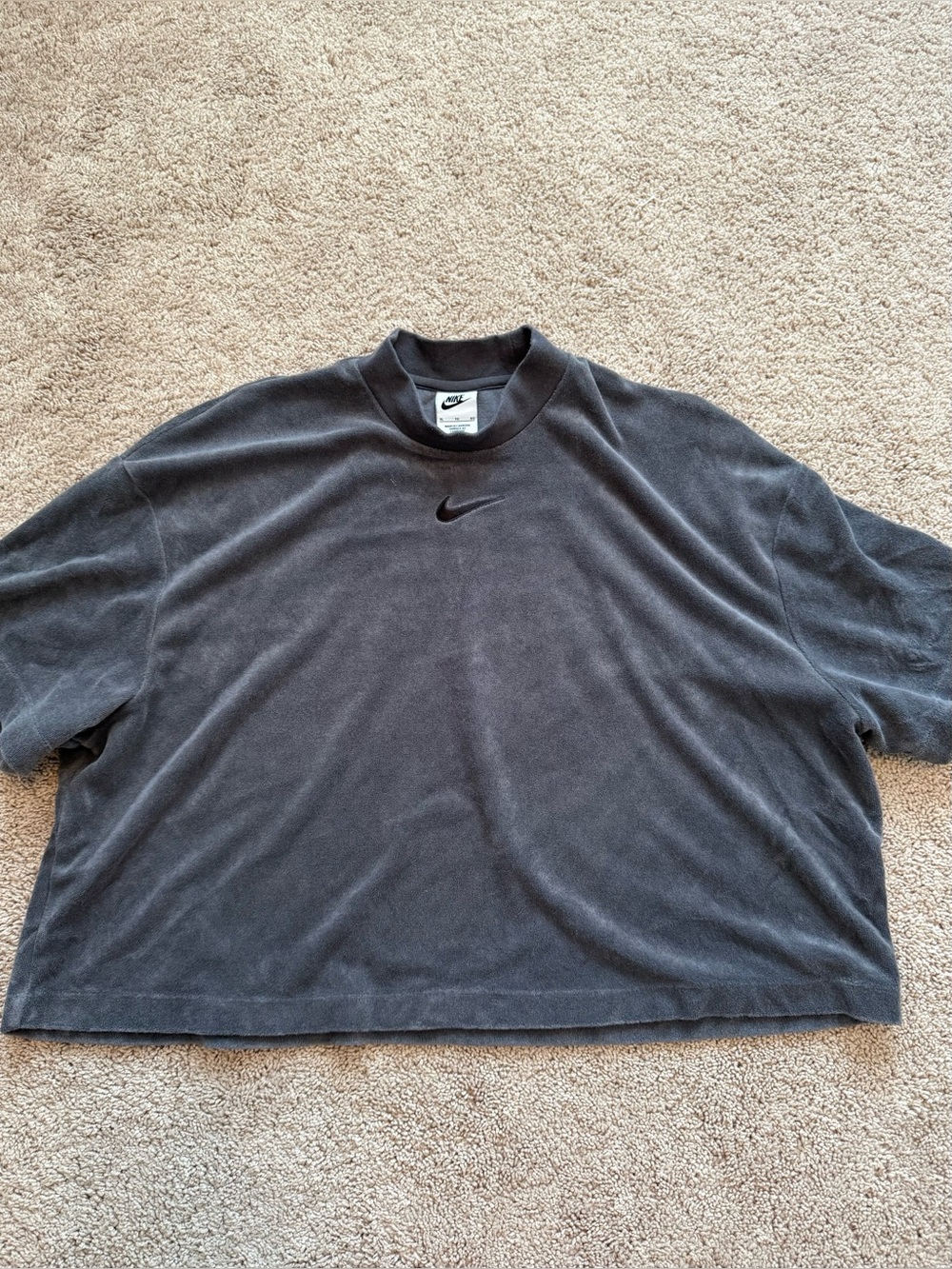 Nike Sportswear Cozy Terry Mock Neck Cropped Short Sleeve Top Grey XL